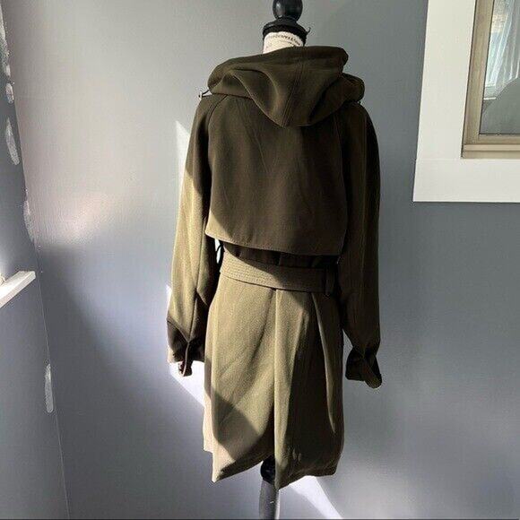 NWT Rachel Roy dark green water repellent crepe hooded trench coat w/ pockets - Picture 8 of 12